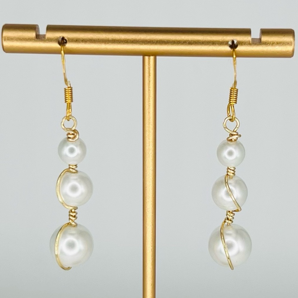 Hand Crafted Gold and Wire Wrapped Pearl Earrings - Picture 3 of 3